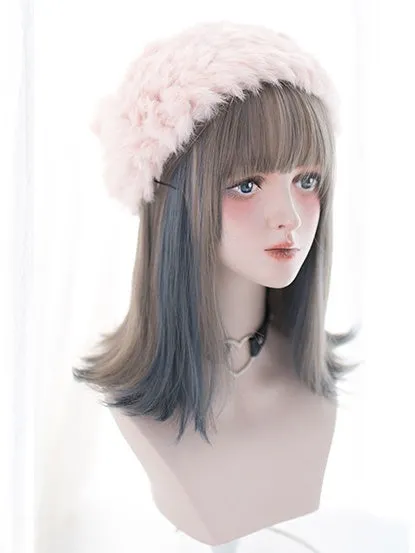 Black And Blue Highlights 40CM Shoulder Length Wig With Air Bangs