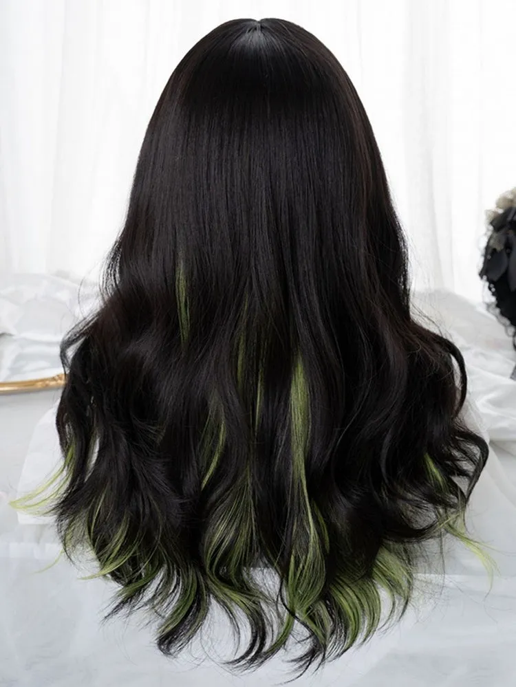 Black And Green Highlights 60CM Long Wavy Wig With Bangs