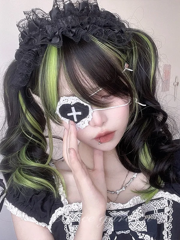 Black And Green Highlights 60CM Long Wavy Wig With Bangs