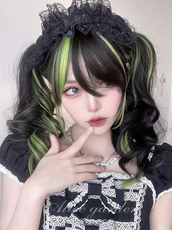 Black And Green Highlights 60CM Long Wavy Wig With Bangs