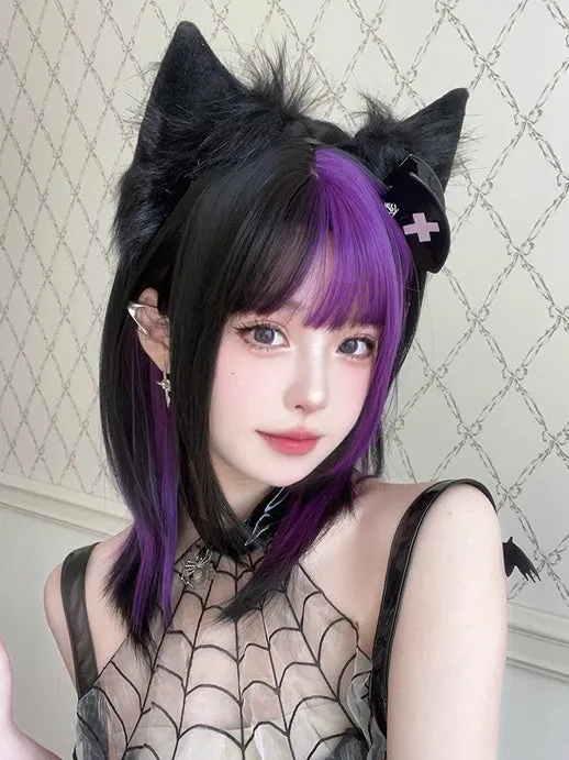 Black And Purple Highlights 47CM Above Bust Length Straight Wig With Bangs