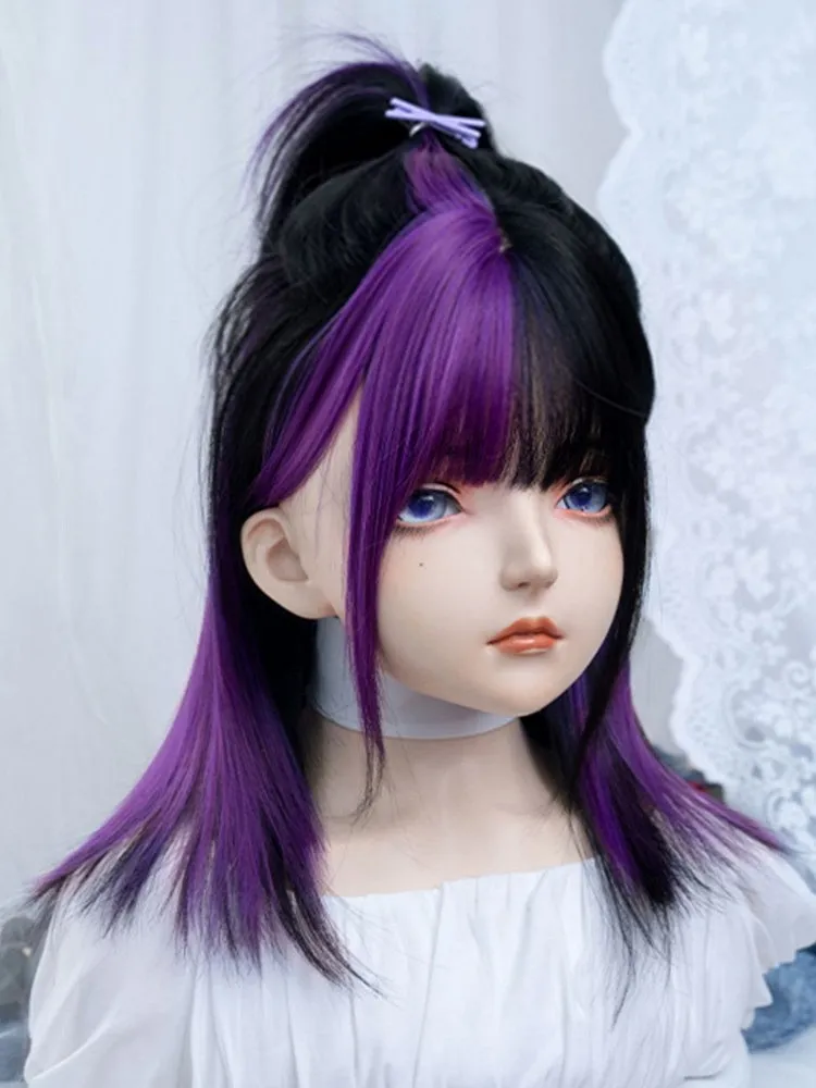 Black And Purple Highlights 47CM Above Bust Length Straight Wig With Bangs