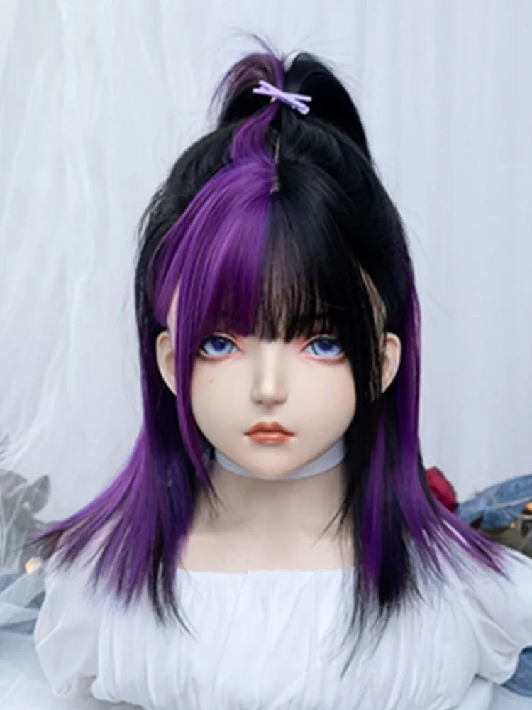 Black And Purple Highlights 47CM Above Bust Length Straight Wig With Bangs