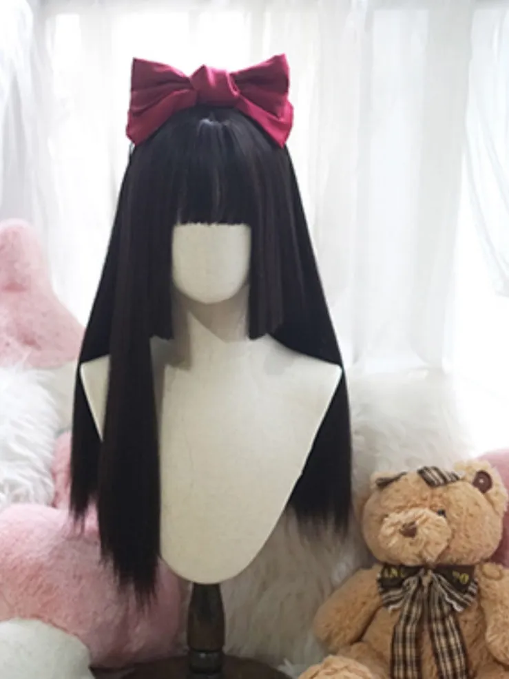 Black Hime Cut Long Straight Wig With Full Bangs