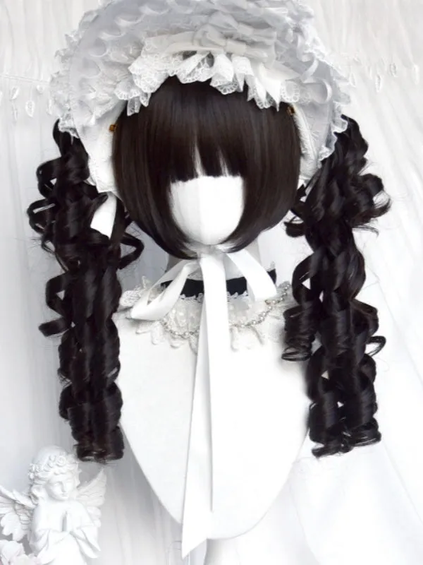 Black Jirai Kei Short Bob Cut Wig With Bangs＋Double Ponytail Claw Clips