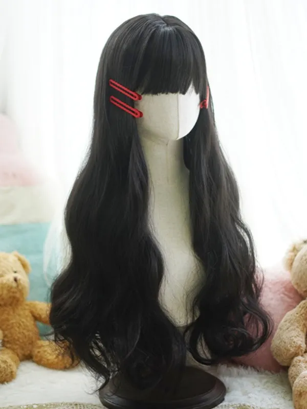 Black Long Wavy Wig With Full Bangs
