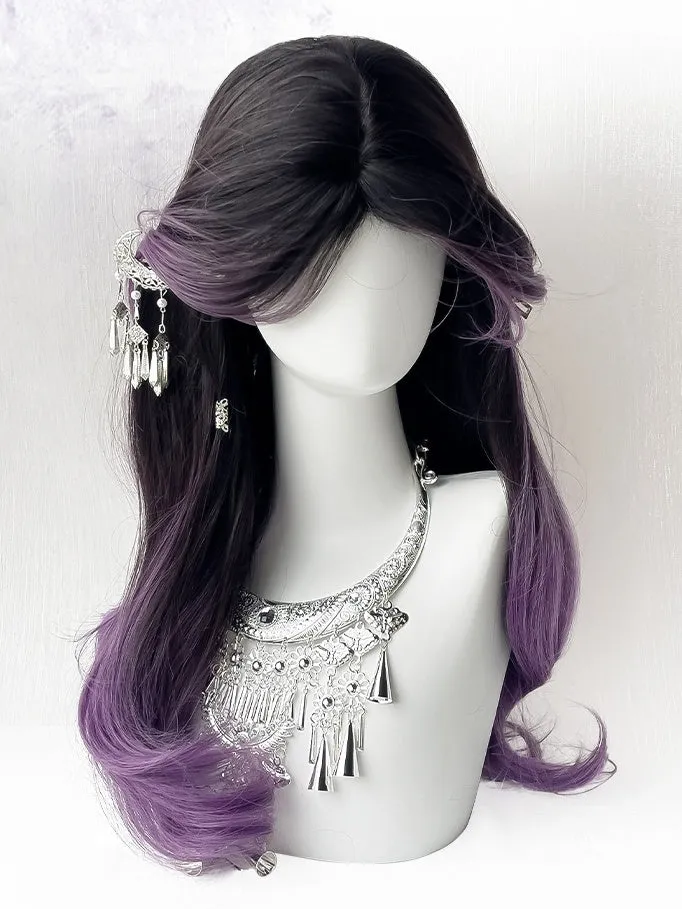 Black-purple Ombre Long Wavy Synthetic Wig With Curtain Bangs