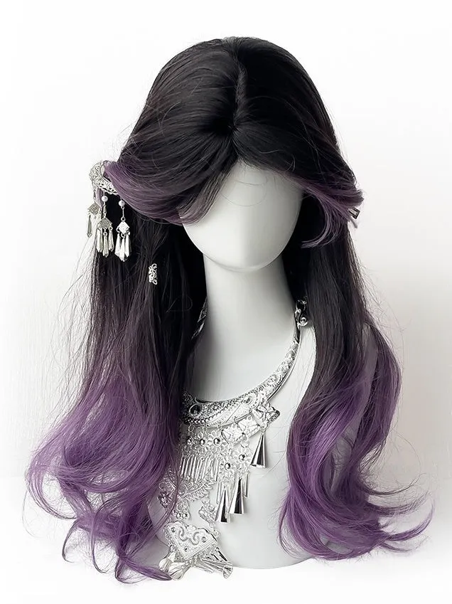 Black-purple Ombre Long Wavy Synthetic Wig With Curtain Bangs