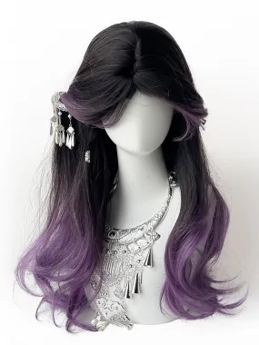 Black-purple Ombre Long Wavy Synthetic Wig With Curtain Bangs