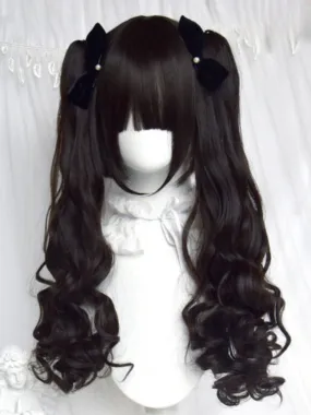 Black Short Bob Cut Wig With Full Bangs＋Double Curly Ponytail Claw Clips