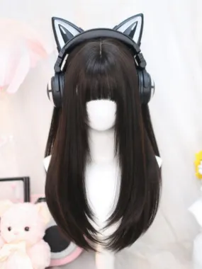 Black Tea 60-65CM Long Straight Wig With Bangs