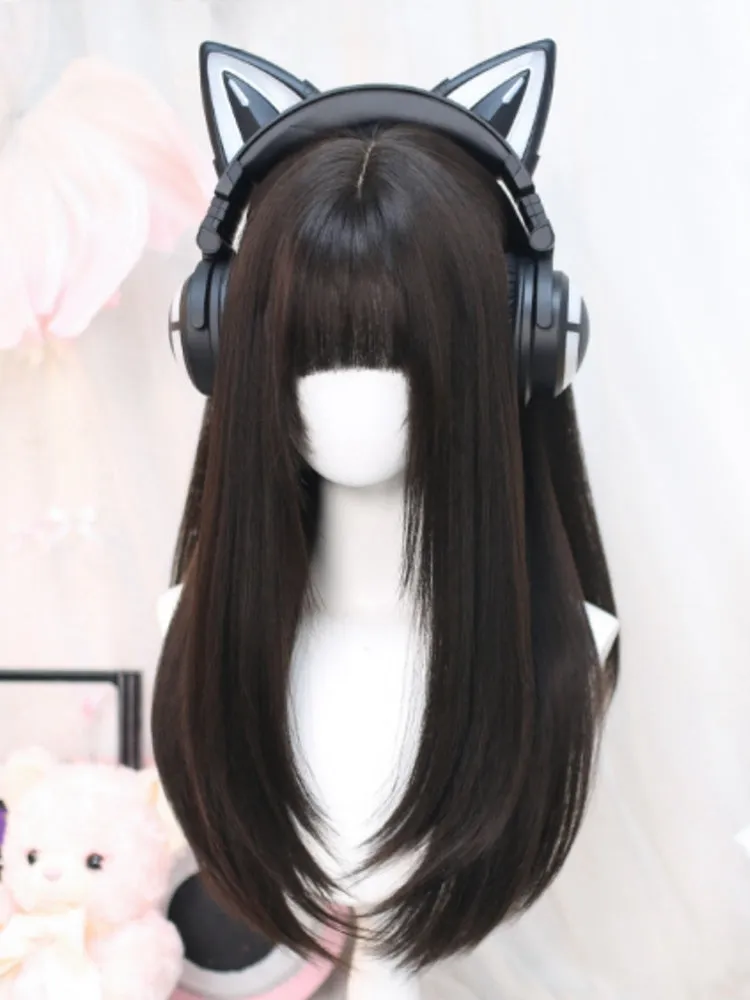 Black Tea 60-65CM Long Straight Wig With Bangs