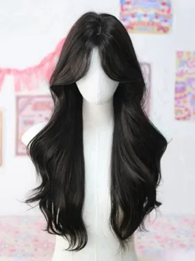 Black Tea 65CM Under Bust Length Wavy Wig With Curtain Bangs