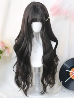 Black Tea 65CM Waist Length Wavy Wig With Air Bangs