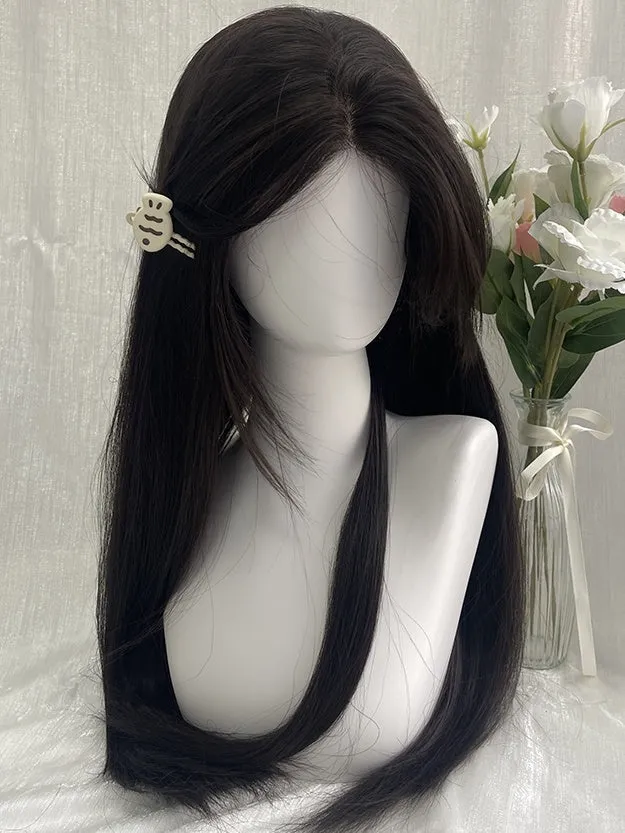 Black Tea 70CM Waist Length Straight Wig With Curtain Bangs