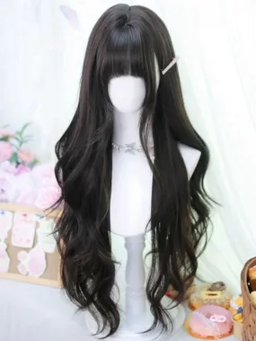 Black Tea 70CM Waist Length Wavy Wig With Full Bangs