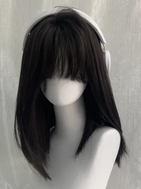 Black Tea Above Bust Length Straight Synthetic Wig With Full Bangs
