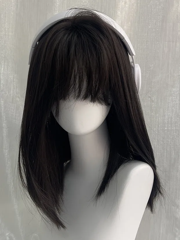 Black Tea Above Bust Length Straight Synthetic Wig With Full Bangs
