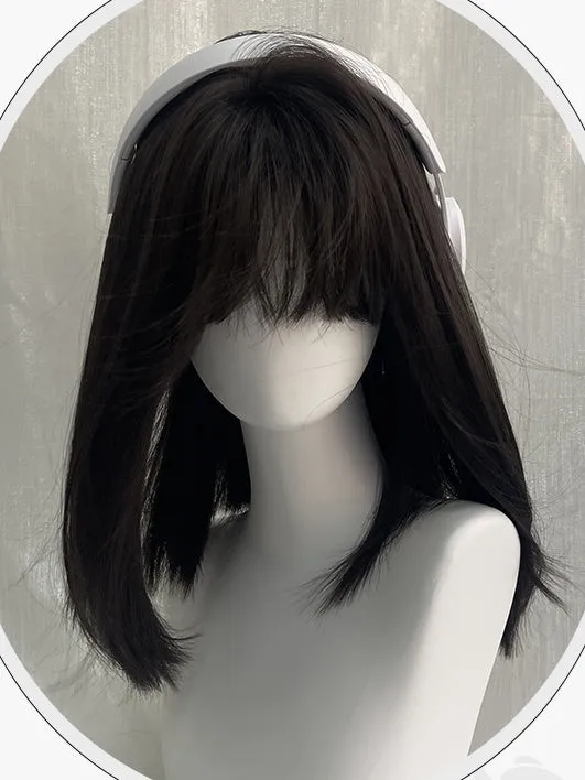 Black Tea Above Bust Length Straight Synthetic Wig With Full Bangs