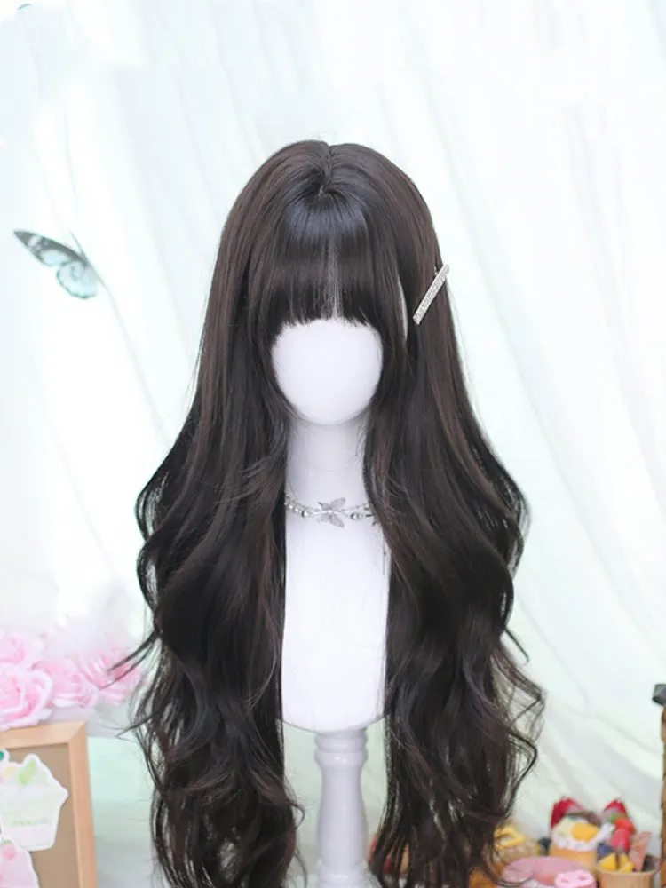 Black Tea Length 70CM Wavy Wig with Bangs