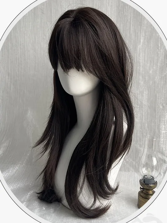 Black Tea Long Straight Synthetic Wig With Full Bangs
