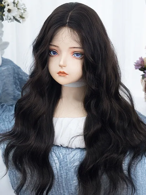 Black Tea Long Wavy Synthetic Wig With Bangs