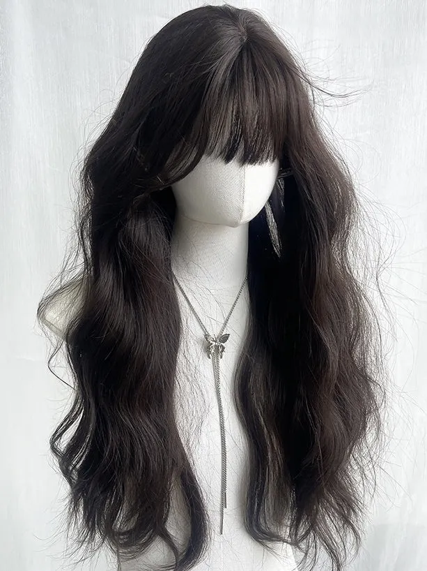 Black Tea Long Wavy Wig With Air Bangs