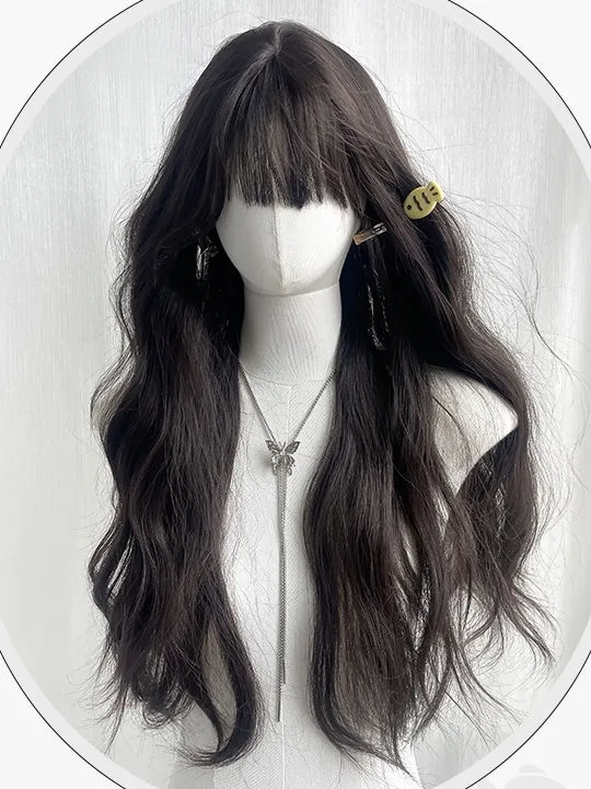 Black Tea Long Wavy Wig With Air Bangs