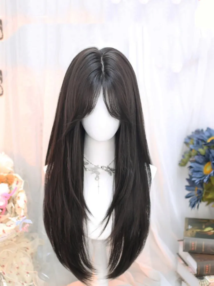 Black Tea Under Bust Length Straight Wig with Curtain Bangs