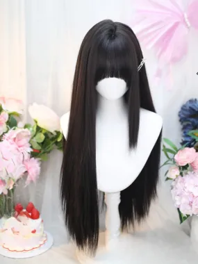 Black Tea Under Bust Length Straight Wig with Full Bangs