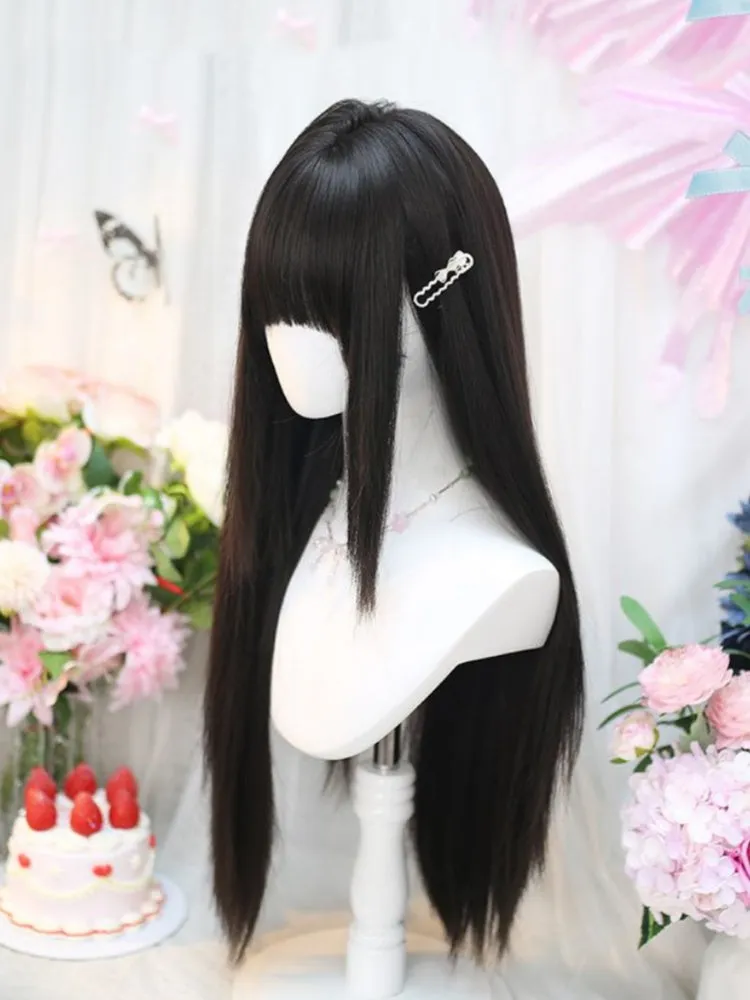 Black Tea Under Bust Length Straight Wig with Full Bangs
