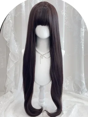 Black Tea Waist Legnth Straight Synthetic Wig With Full Bangs