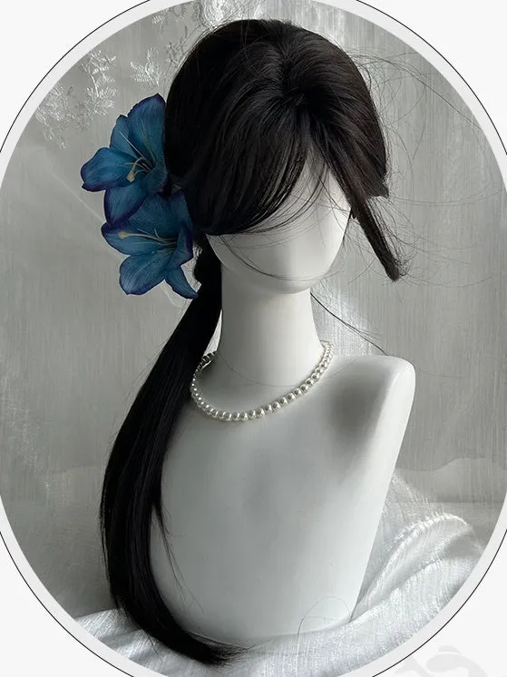 Black Tea Waist Length Straight Synthetic Wig With Curtain Bangs