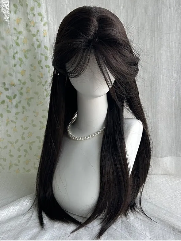 Black Tea Waist Length Straight Synthetic Wig With Curtain Bangs