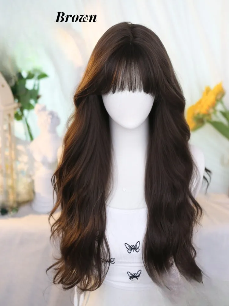 Black Tea/Brown Under Bust Length Wavy Wig with Air Bangs