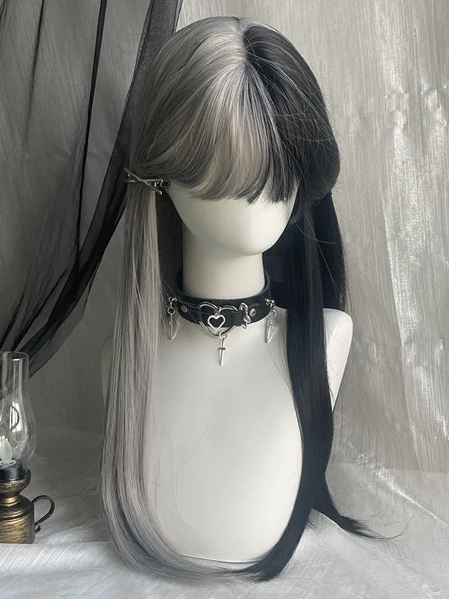 Black&White Split Color Waist Length Straight Synthetic Wig With Bangs