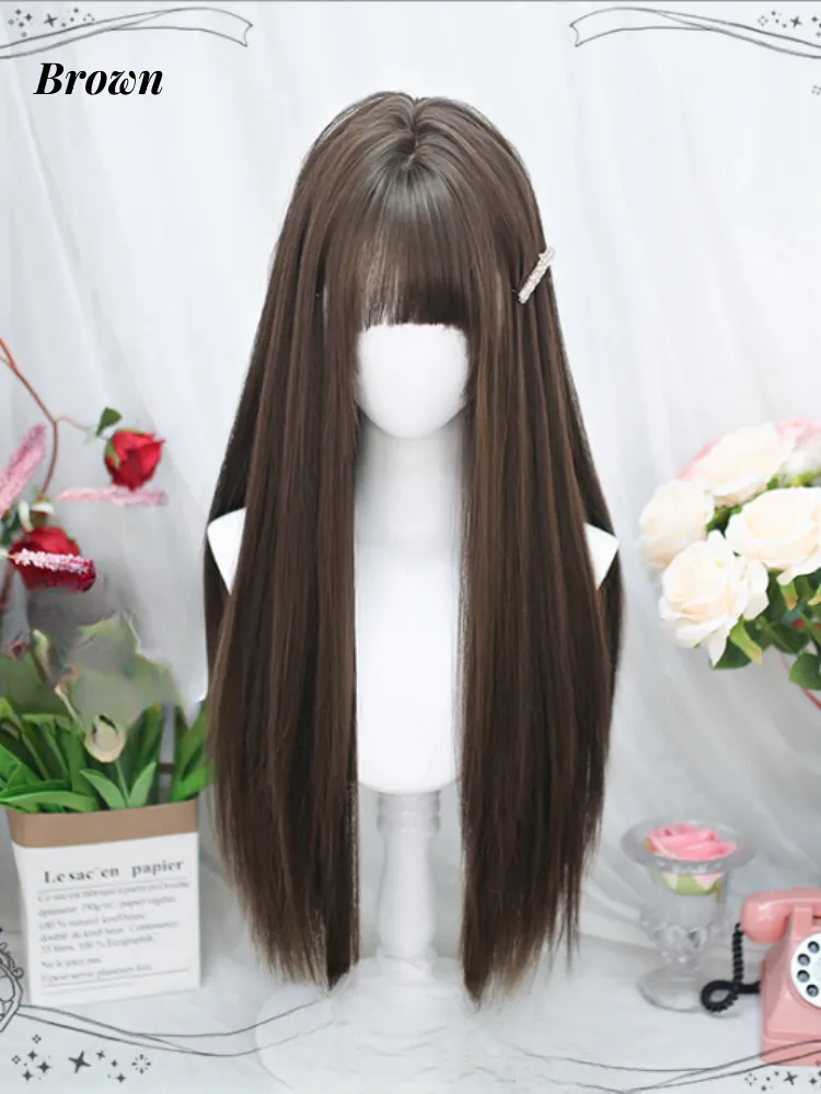 Black/Black Tea/Brown Under Bust Length Straight Wig with Bangs