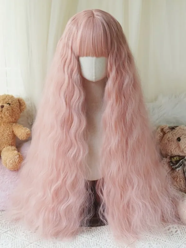 Black/Blonde/Light Blonde/Pink Hip Length Wavy Wig With Full Bangs