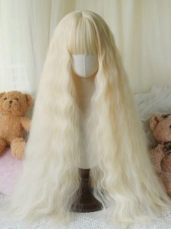 Black/Blonde/Light Blonde/Pink Hip Length Wavy Wig With Full Bangs
