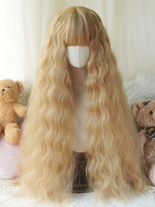 Black/Blonde/Light Blonde/Pink Hip Length Wavy Wig With Full Bangs