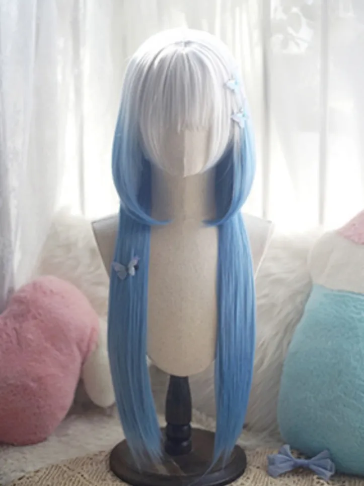 Black/Brown/Light Blonde/White&Blue Waist Length Straight Wig With Full Bangs