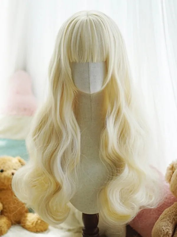 Black/White/Light Blonde/Blonde/Caramel/Grey Waist Length Wavy Wig With Full Bangs