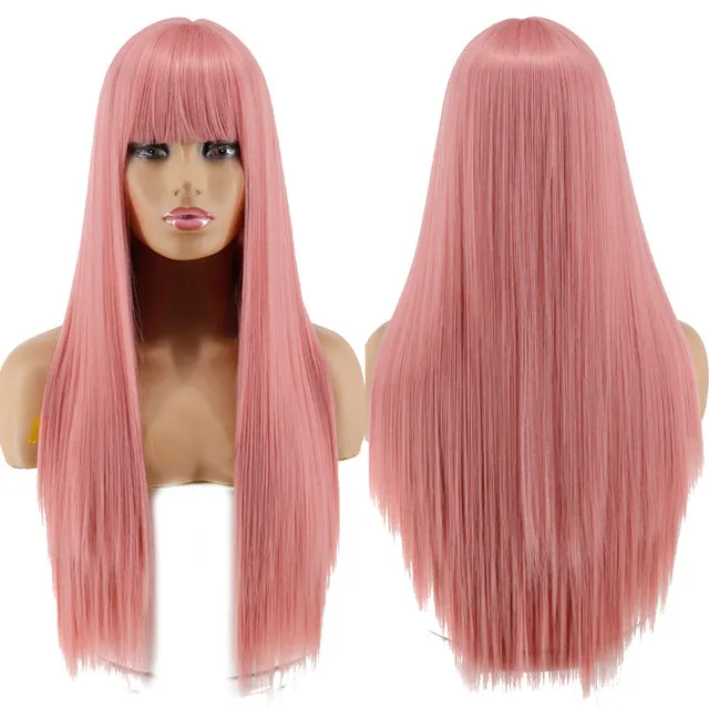Blonde Long Straight Wig with Bangs Synthetic