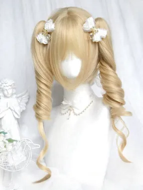 Blonde Short Bob Cut Wig With Bangs＋Double Curly Ponytail Claw Clips