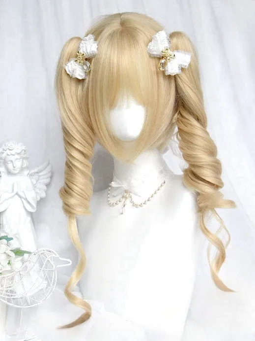 Blonde Short Bob Cut Wig With Bangs＋Double Curly Ponytail Claw Clips