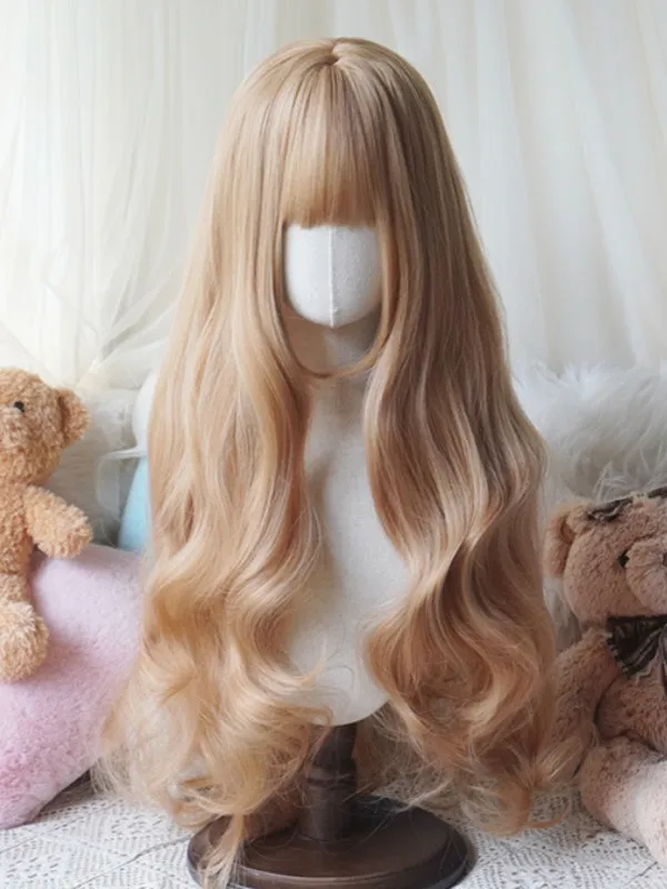 Blonde/Caramel/Orange/Light Blonde Waist Length Wavy Wig With Full Bangs