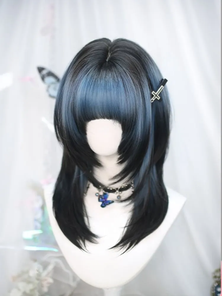 Blue and Black Ombre Above Bust Length Wig with Full Bangs