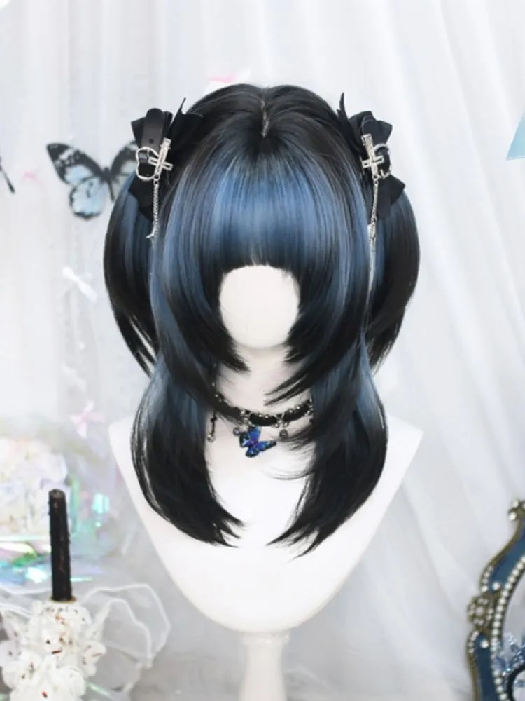 Blue and Black Ombre Above Bust Length Wig with Full Bangs
