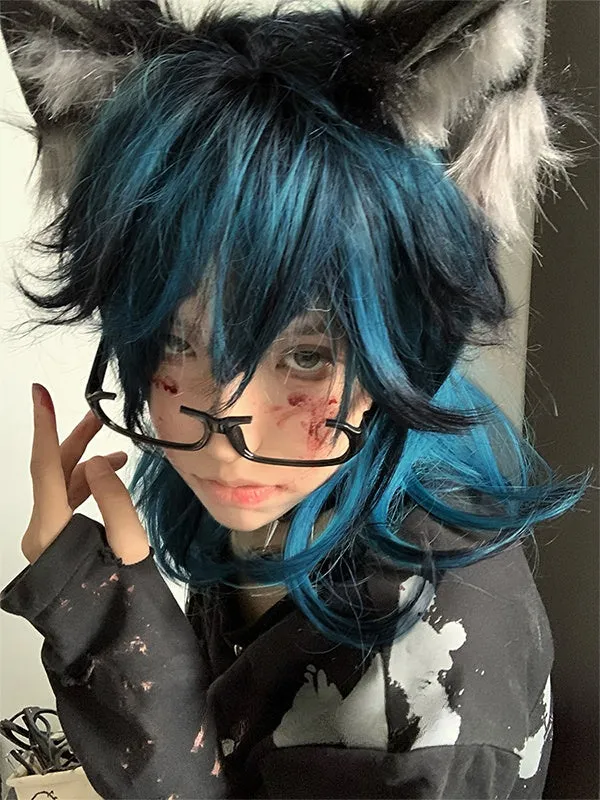 Blue-black Ombre Long Wavy Synthetic Wig With Bangs