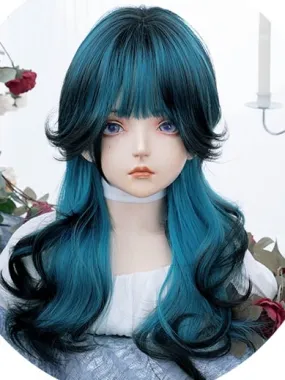 Blue-black Ombre Long Wavy Synthetic Wig With Bangs